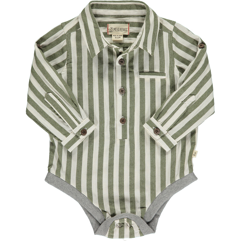green and white vertical stripe woven onesie, buttons down, poppers, cuffed wrists, collar, pocket on chest