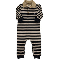 black and beige horizontal thick stripe polo romper, beige collar, navy chugs on ankles and wrists, Henry dogs logo on right side of upper chest