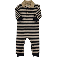  black and beige horizontal thick stripe polo romper, beige collar, navy chugs on ankles and wrists, Henry dogs logo on right side of upper chest