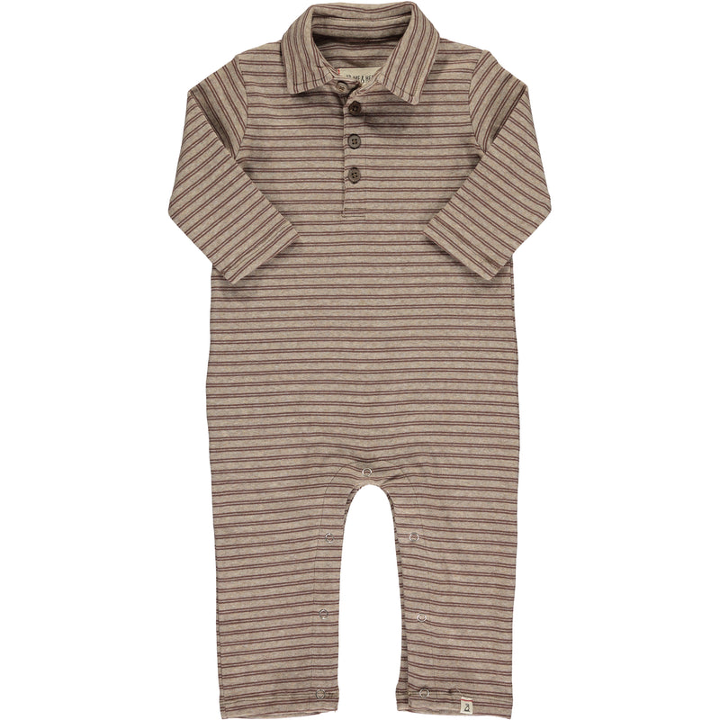 brown double horizontal stripe polo romper, long sleeve, poppers, buttons on the chest, smart collar