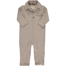  brown and beige stripe polo romper, long sleeve, handkerchief pocket relaxed fit, polo