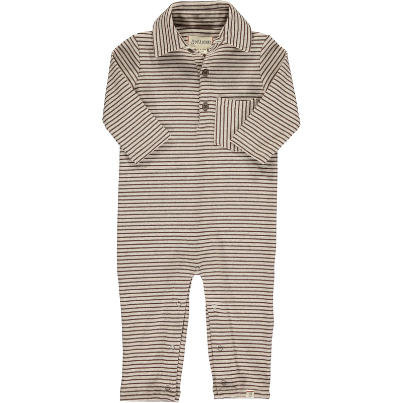 brown and beige stripe polo romper, long sleeve, handkerchief pocket relaxed fit, polo