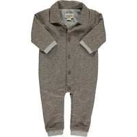 brown tweed romper, buttons down, grey cuffed wrists and ankles, smart collar