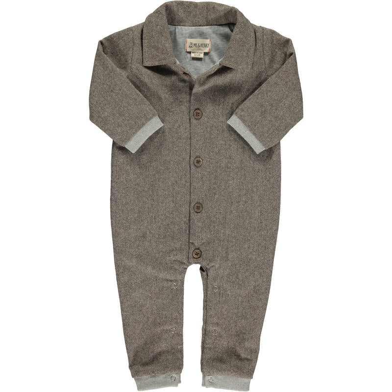 brown tweed romper, buttons down, grey cuffed wrists and ankles, smart collar