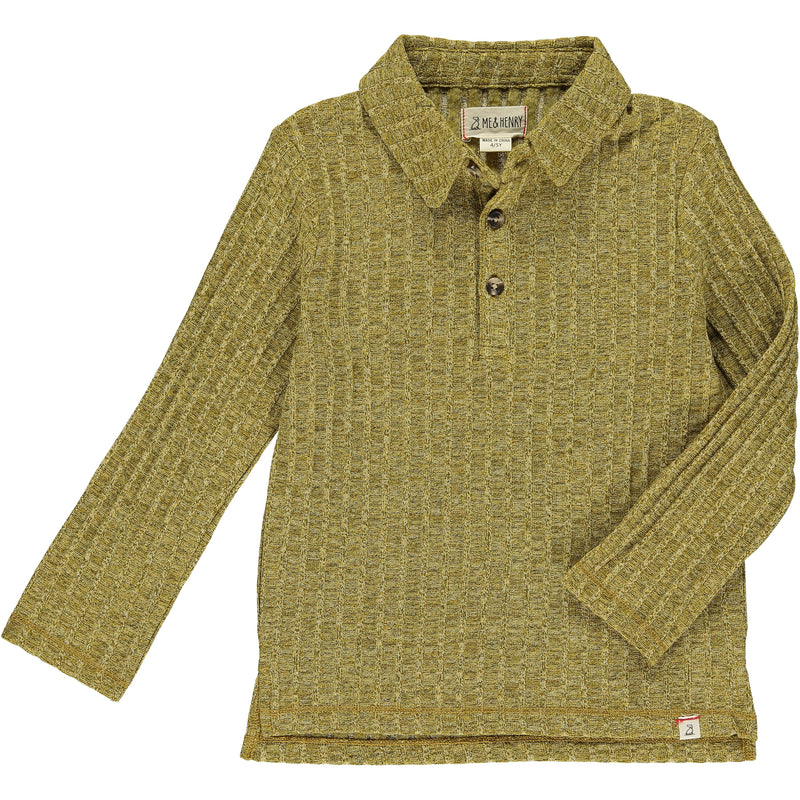 gold, knitted polo, gold, long sleeve, buttons  down 