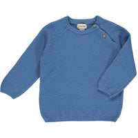 blue cotton sweater, knitted, 2 brown buttoms top left hsoulder, cuffed wrists, relaxed fit, layer, long sleeved