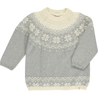 Grey cotton sweater, snowflake print and zig zag designs at the top and bottom of sweater, long sleeved, cuffed, wrists, cream collar, cream designs, christmassy, cotton, soft, layer