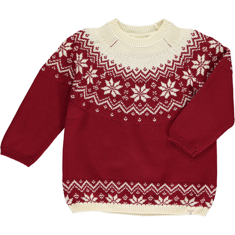 Red cotton sweater, snowflake print and zig zag designs at the top and bottom of sweater, long sleeved, cuffed, wrists, cream collar, cream designs, christmassy, cotton, soft, layer
