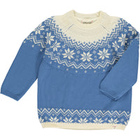 Blue cotton sweater, snowflake print and zig zag designs at the top and bottom of sweater, long sleeved, cuffed, wrists, cream collar, cream designs, christmassy, cotton, soft, layer