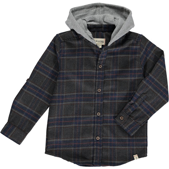 Mens Erin Hooded Shirt charcoal/blue plaid