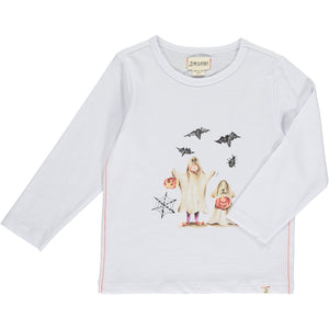 white long sleeve tee, printed child and Henry dog ghost, both holding a pumpkin, spider web , bats flying