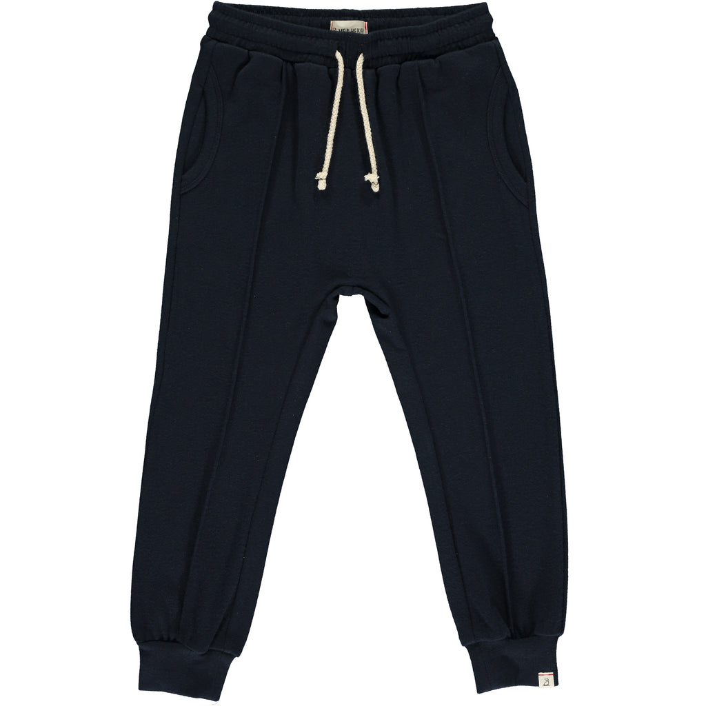 navy jog pants, white drawstrings, cuffed ankles, flexible waistband,cotton, polyester, spandex, side pockets