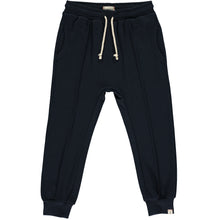  navy jog pants, white drawstrings, cuffed ankles, flexible waistband,cotton, polyester, spandex, side pockets