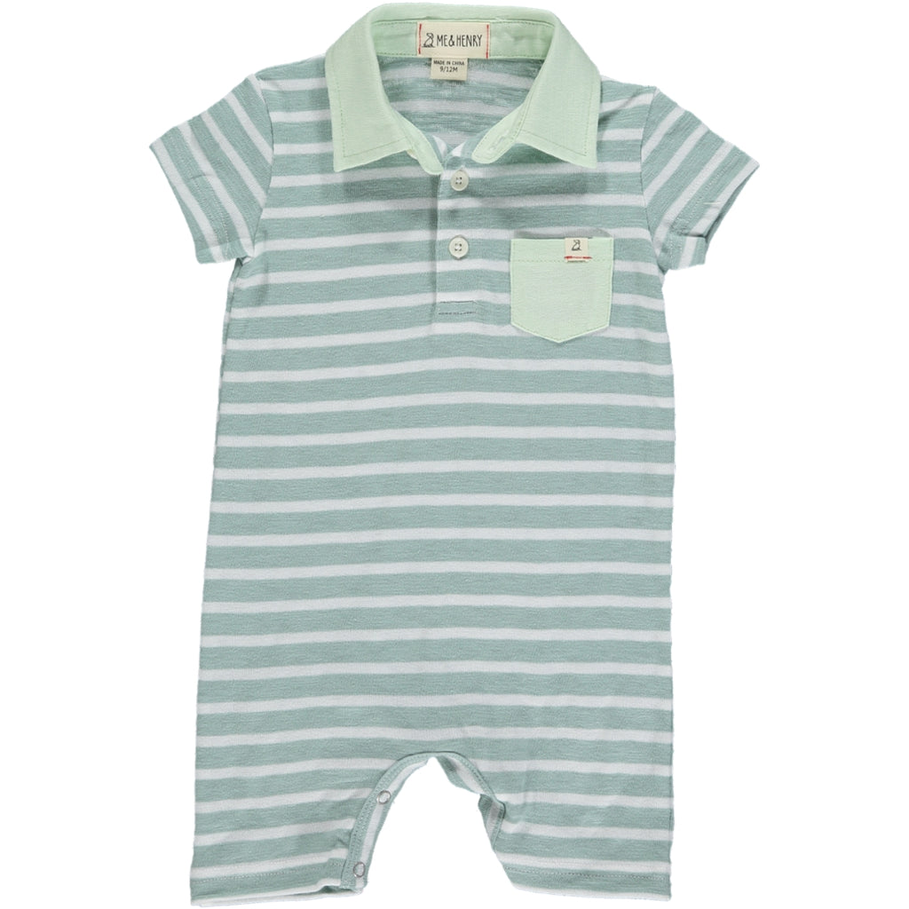 sage/white Micro Stripe \Polo Romper, 3 buttons down from the neckline and small front pocket