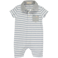 Grey/white Micro Stripe polo Romper, 3 buttons down from the neckline, grey smart collar and small front pocket