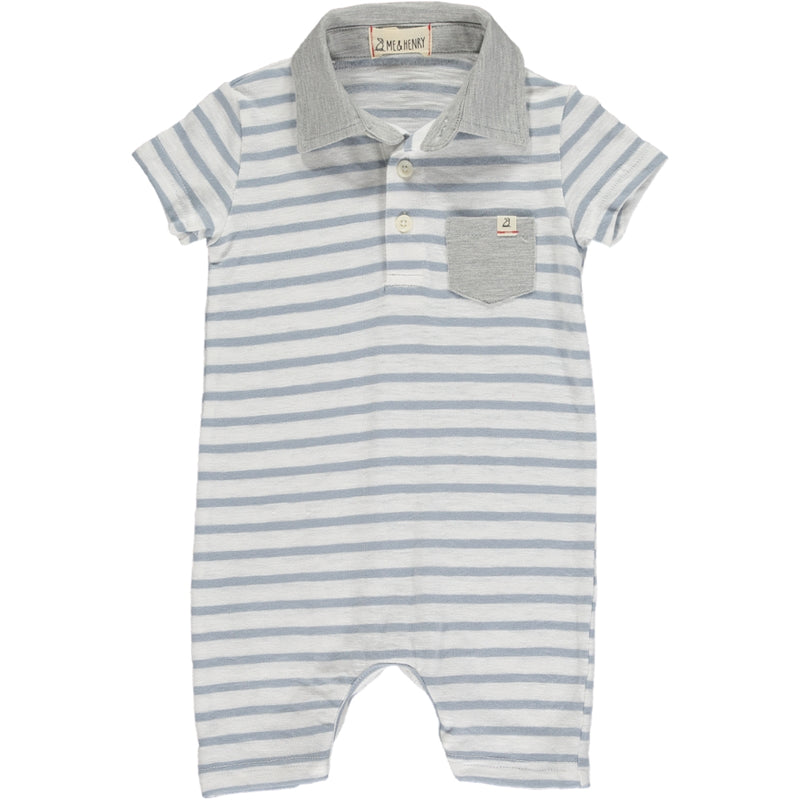 Grey/white Micro Stripe polo Romper, 3 buttons down from the neckline, grey smart collar and small front pocket
