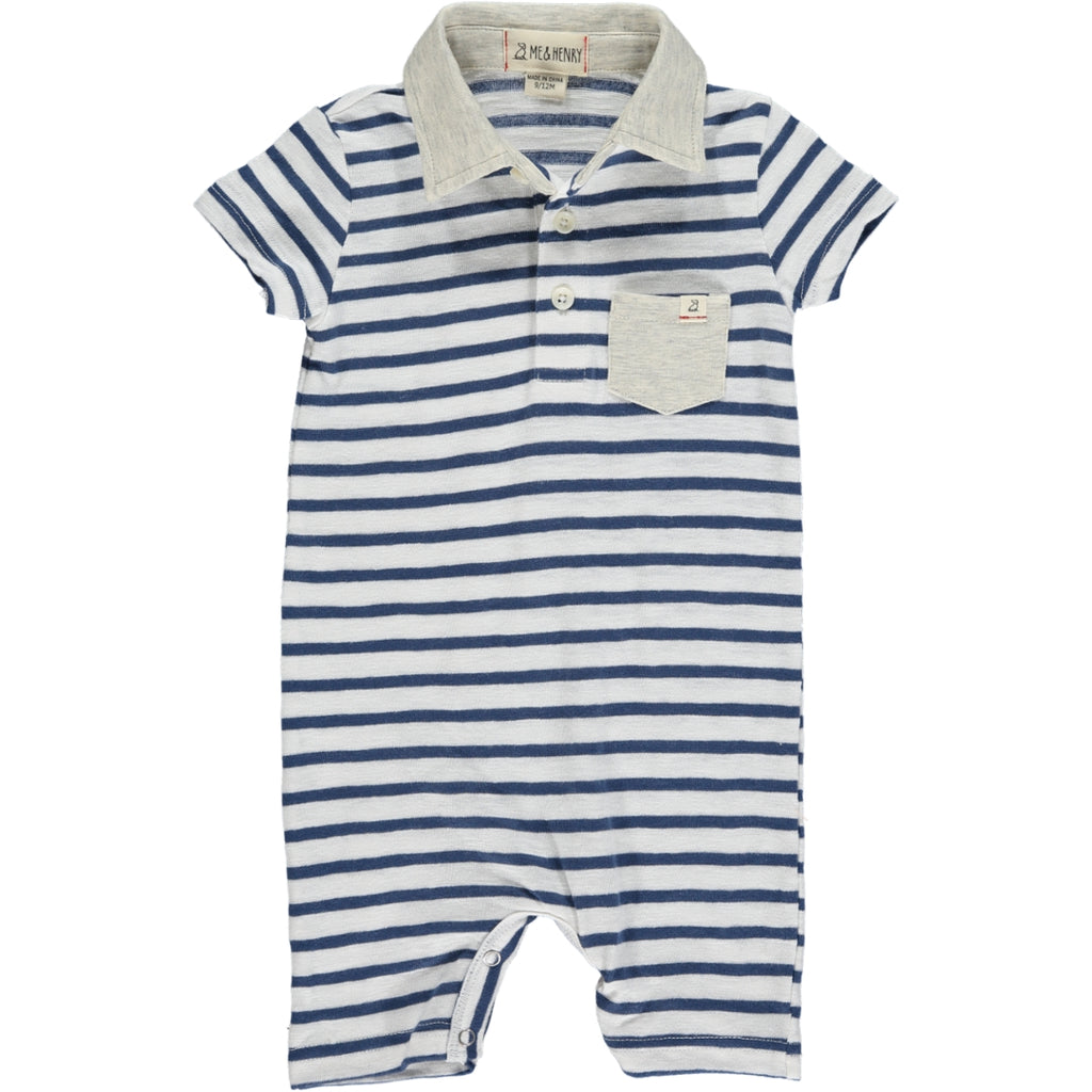 Navy/white Micro Stripe polo Romper, 3 buttons down from the neckline, grey smart collar and small front pocket