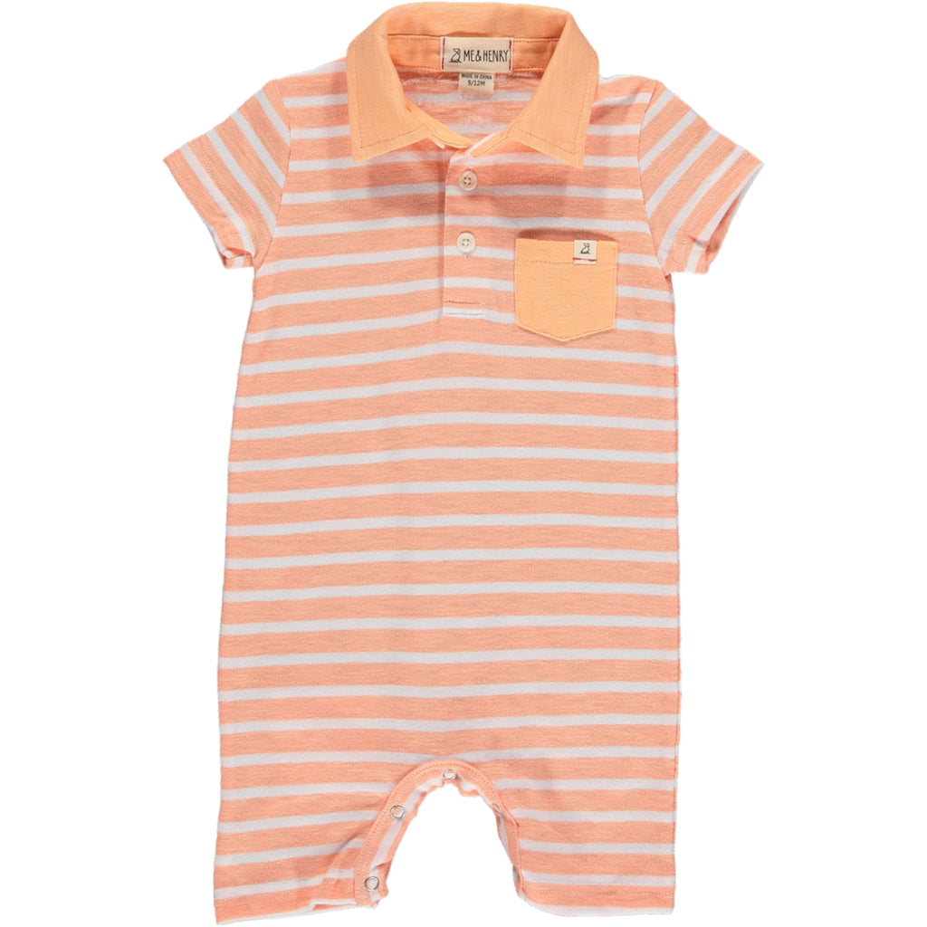  Peach/white Micro Stripe polo Romper, 3 buttons down from the neckline, peach smart collar and small front pocket