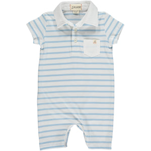 Blue /white Micro Stripe polo Romper, 3 buttons down from the neckline, white smart collar and small front pocket