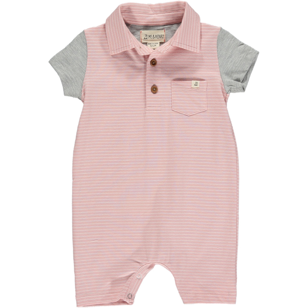 Pink/white micro stripe polo romper with grey short sleeves, 3 buttons down from neckline and smart collar.