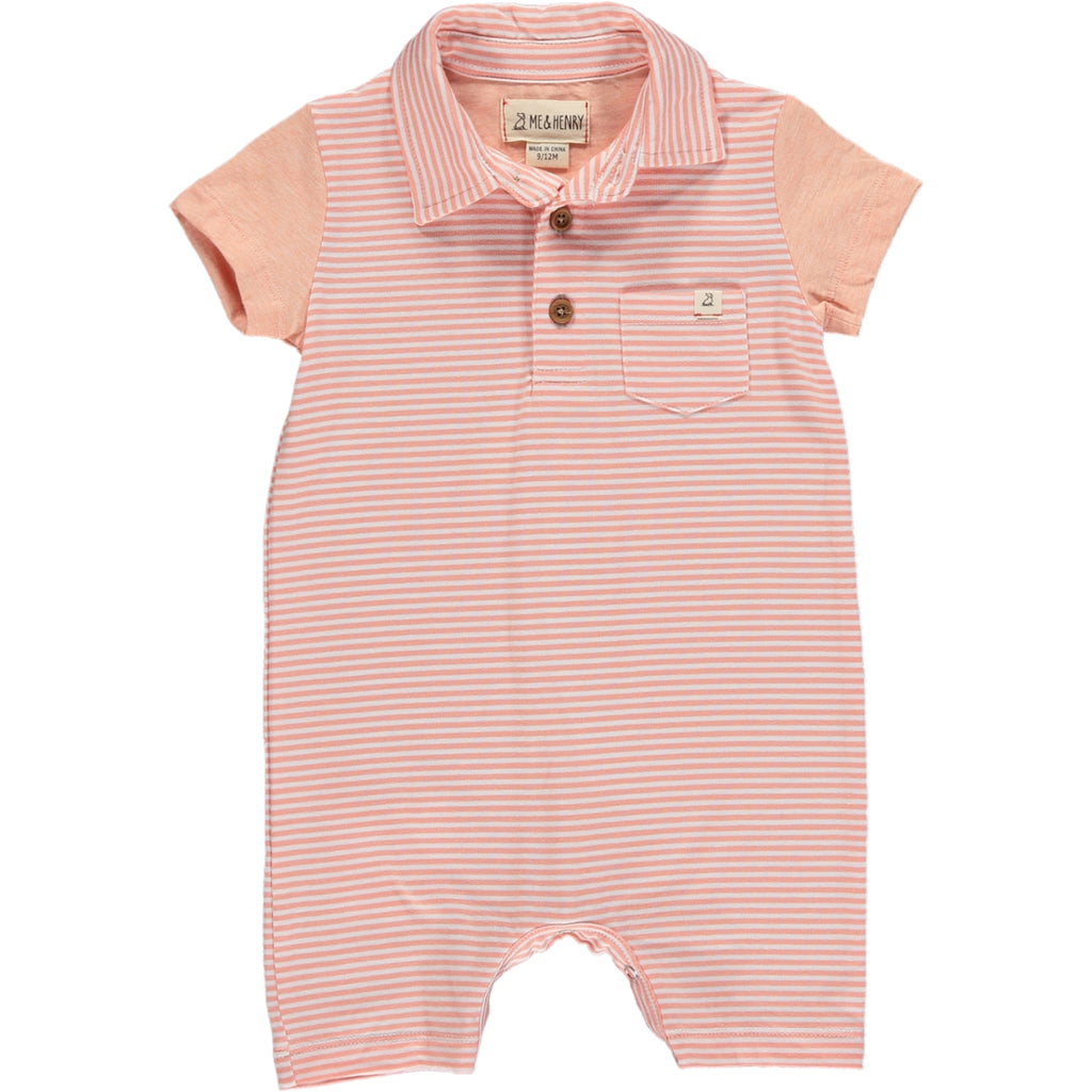 Pink/White Micro Stripe with short sleeve peach arms Polo Romper, 3 buttons down from the neckline and small front pocket