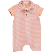  Pink/White Micro Stripe with short sleeve peach arms Polo Romper, 3 buttons down from the neckline and small front pocket