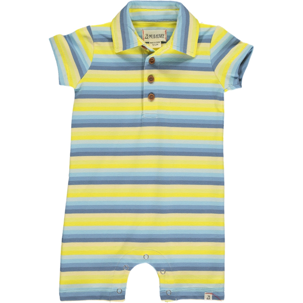 Yellow/Blue Multi horizontal striped ribbed henley romper, short sleeved, 4 buttons from neckline