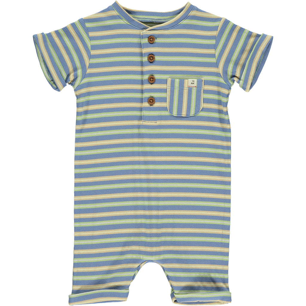Blue/Lime/Beige horizontal striped Ribbed Henley Romper with 4 buttons down from neckline, short sleeved and a small pocket at the front.