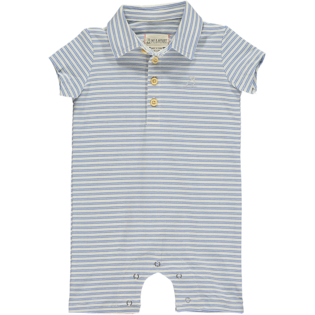  Blue/Cream Stripe Pique Polo Romper, short sleeves, 4 buttons down and a smart collar
