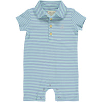 aqua blue stripe pique polo romper with short sleeves, 4 buttons and collar