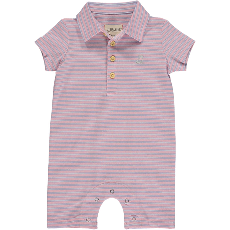Pink/Lilac  stripe Pique Polo Romper, short sleeves, 4 buttons down and a smart collar