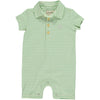 Green/Cream stripe Pique Polo Romper, short sleeves, 4 buttons down and a smart collar