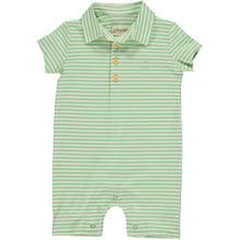  Green/Cream stripe Pique Polo Romper, short sleeves, 4 buttons down and a smart collar