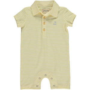 Yellow/Cream  stripe Pique Polo Romper, short sleeves, 4 buttons down and a smart collar
