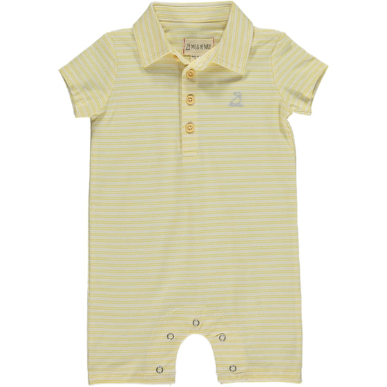 Yellow/Cream  stripe Pique Polo Romper, short sleeves, 4 buttons down and a smart collar