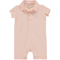 Cream/Orange  stripe Pique Polo Romper, short sleeves, 4 buttons down and a smart collar