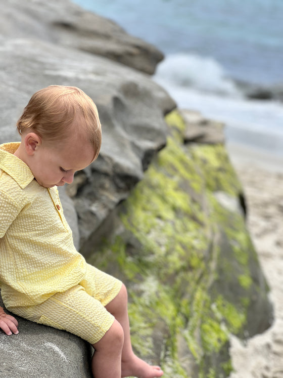 small blonde hair toddler wearing yellow seersucker polo sitting on big rock at the beach in summer