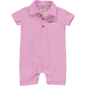 Pink Seersucker Polo Romper, short sleeved with 4 buttons and smart collar