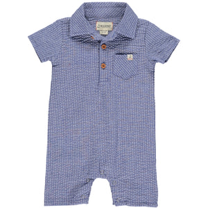 Blue seersucker polo romper with 4 buttons and smart collar