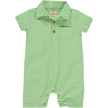  Green Seersucker Polo Romper with 4 buttons, short sleeved and a smart collar