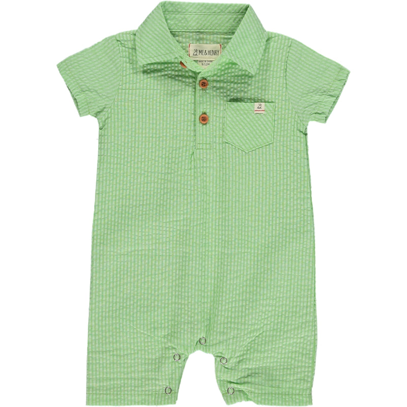 Green Seersucker Polo Romper with 4 buttons, short sleeved and a smart collar