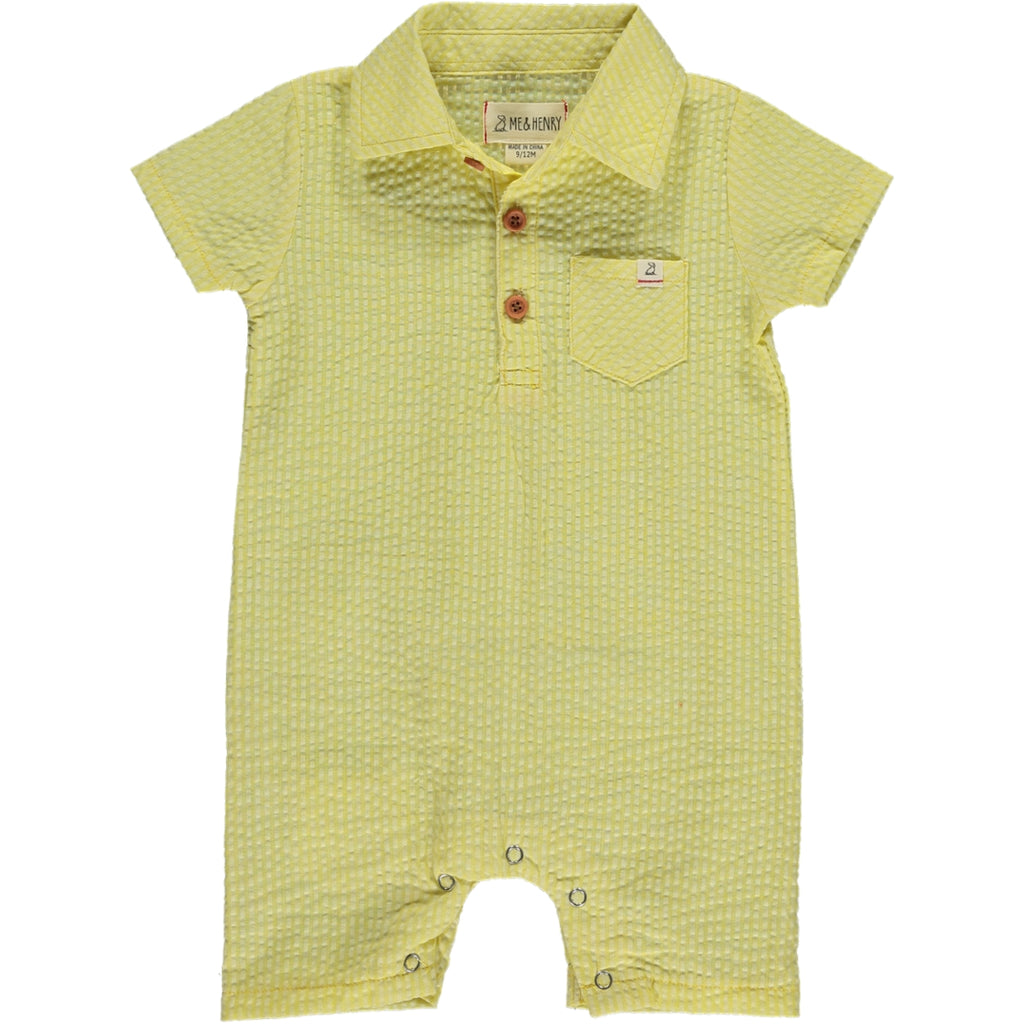 Yellow seersucker polo romper, short sleeved with 4 buttons and a collar