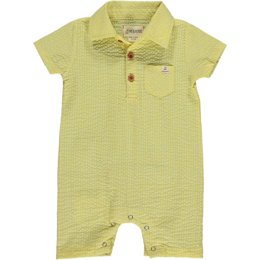  Yellow seersucker polo romper, short sleeved with 4 buttons and a collar