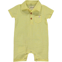 Yellow seersucker polo romper, short sleeved with 4 buttons and a collar