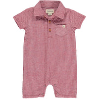 coral seersucker polo romper , with 4 buttons, short sleeved and collar