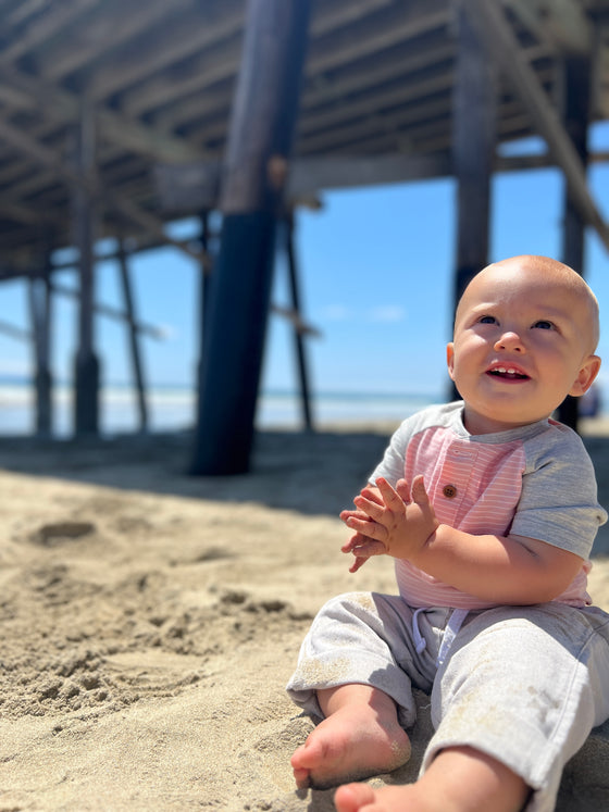 pink, white, Henley, raglan, button, buttons, onesie, little, baby, wearing, beige, pants, summer, henry.