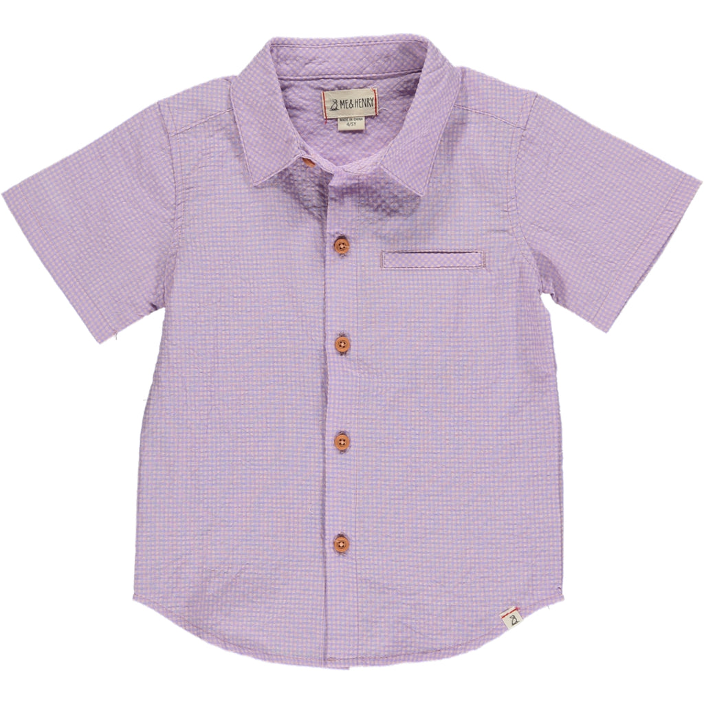 Lilac/Pink seersucker Woven Shirt, 5 buttons going down the middle, short sleeve with a smart collar and a small front pocket