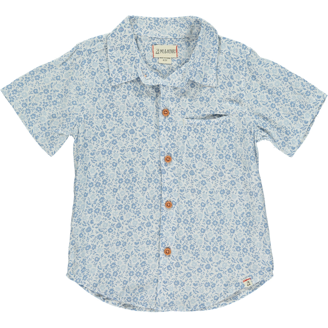  blue floral woven shirt, 5 buttons going down the middle, short sleeve with a smart collar and a small front pocket