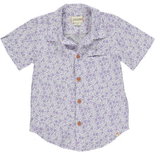  Lilac floral woven shirt,  5 buttons going down the middle, short sleeve with a smart collar and a small front pocket