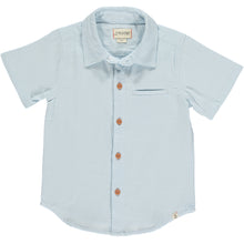  Pale blue woven shirt, , 5 buttons going down the middle, short sleeve with a smart collar and a small front pocket